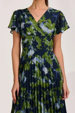 Cap Sleeve Pleated Chiffon Maxi Dress, Navy Abstract