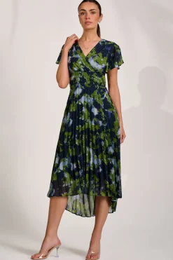 Cap Sleeve Pleated Chiffon Maxi Dress, Navy Abstract