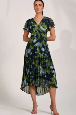 Cap Sleeve Pleated Chiffon Maxi Dress, Navy Abstract