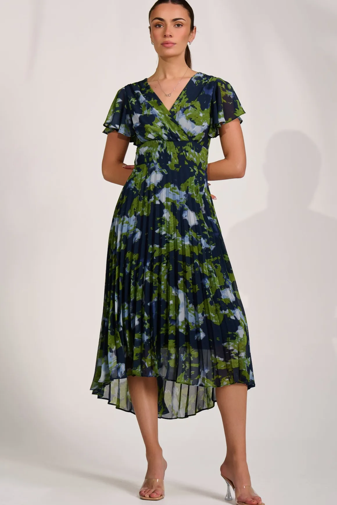 Cap Sleeve Pleated Chiffon Maxi Dress, Navy Abstract