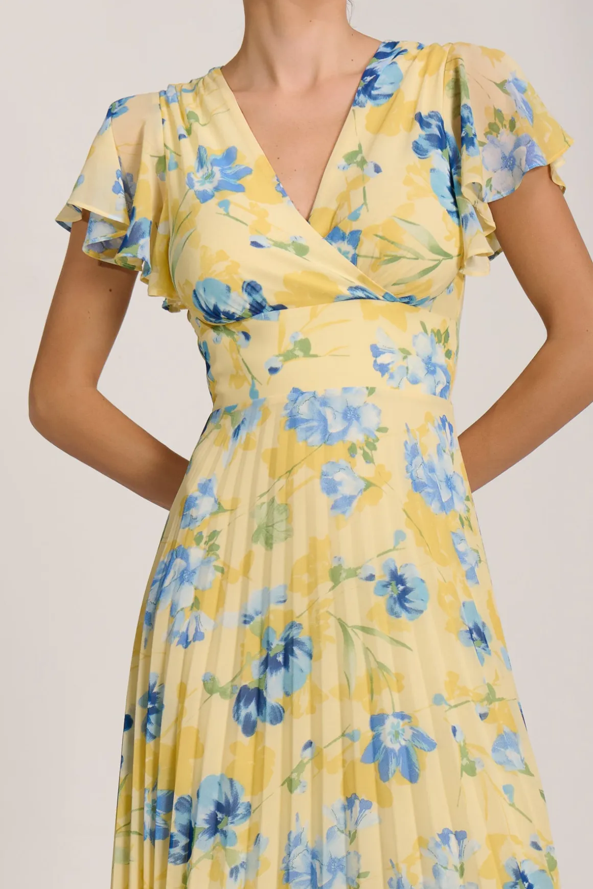 Cap Sleeve Pleated Chiffon Maxi Dress, Yellow Floral