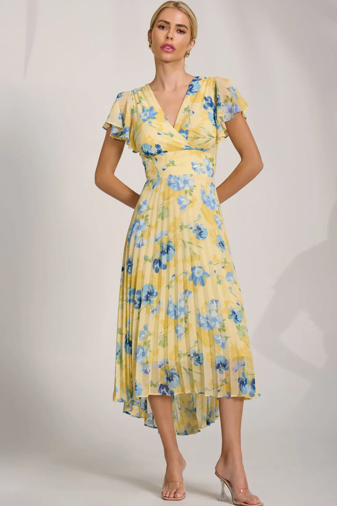 Cap Sleeve Pleated Chiffon Maxi Dress, Yellow Floral