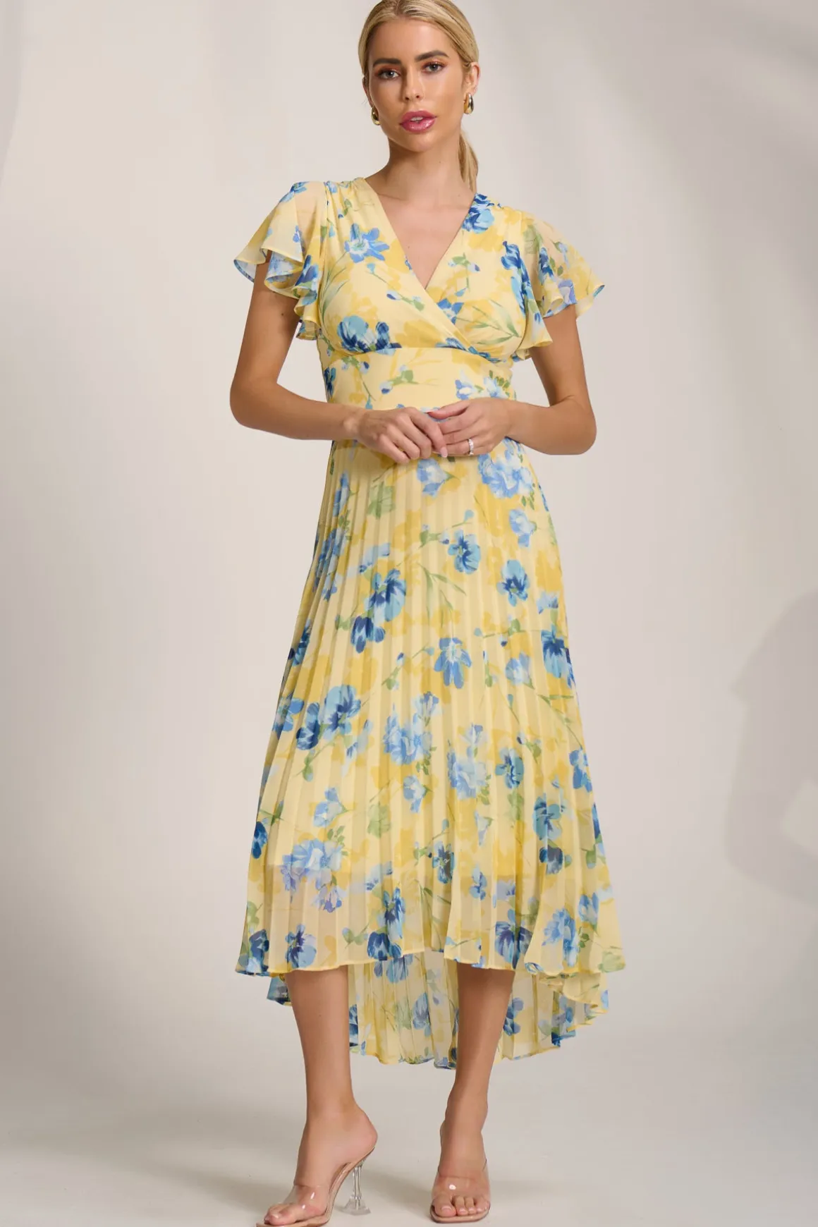 Cap Sleeve Pleated Chiffon Maxi Dress, Yellow Floral