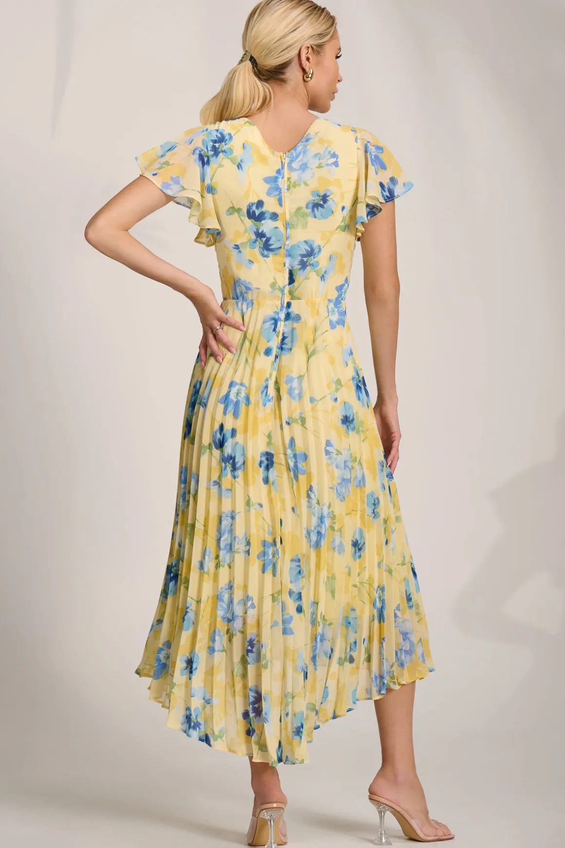 Cap Sleeve Pleated Chiffon Maxi Dress, Yellow Floral