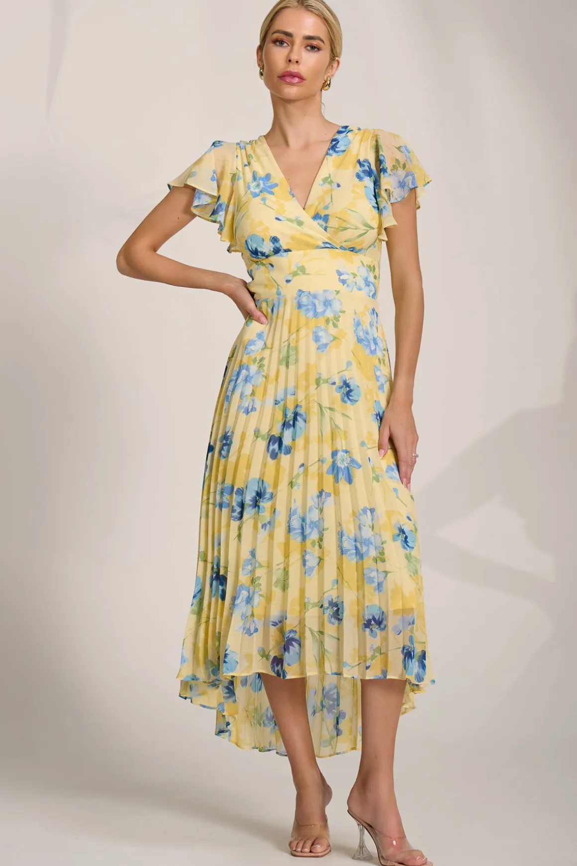 Cap Sleeve Pleated Chiffon Maxi Dress, Yellow Floral