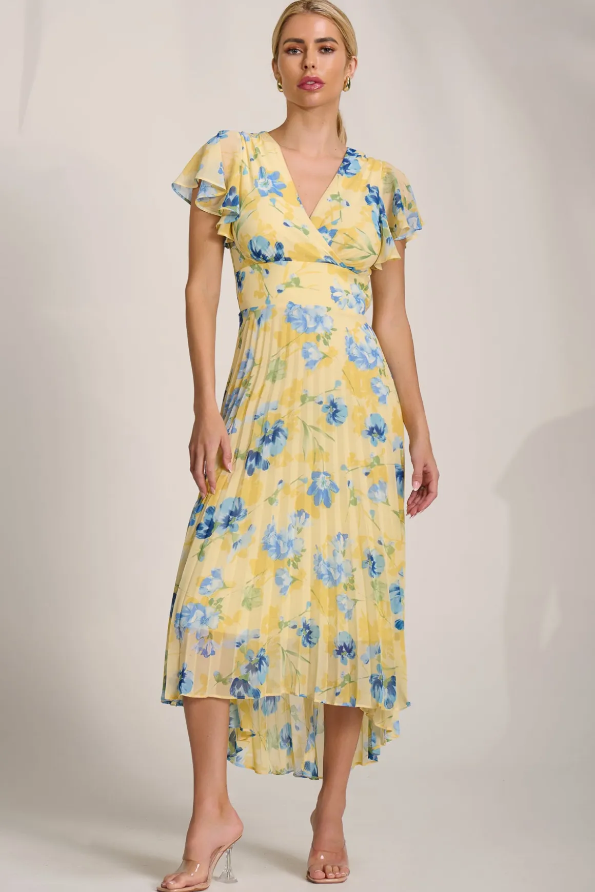 Cap Sleeve Pleated Chiffon Maxi Dress, Yellow Floral