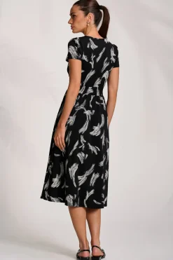 Cap Sleeve Printed Jersey Midaxi Dress, Black Abstract