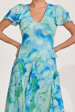 Cap Sleeve Ruffle Mesh Maxi Dress, Blue Abstract