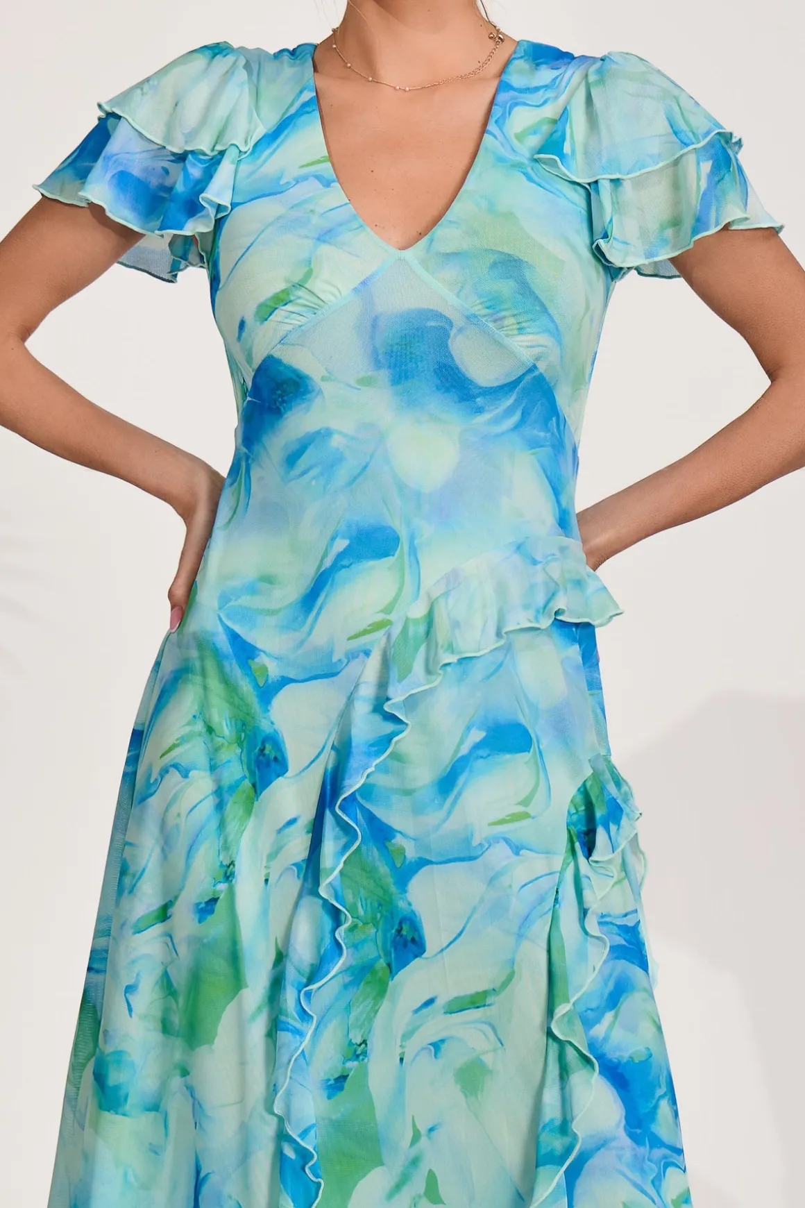 Cap Sleeve Ruffle Mesh Maxi Dress, Blue Abstract