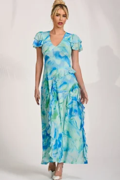 Cap Sleeve Ruffle Mesh Maxi Dress, Blue Abstract