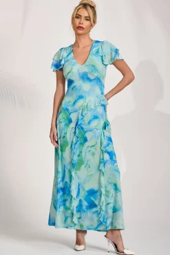 Cap Sleeve Ruffle Mesh Maxi Dress, Blue Abstract