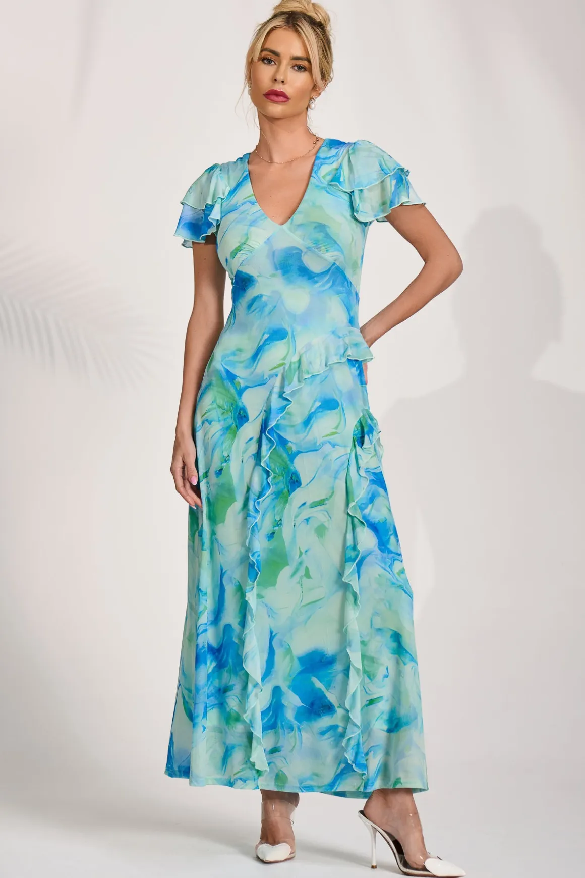 Cap Sleeve Ruffle Mesh Maxi Dress, Blue Abstract