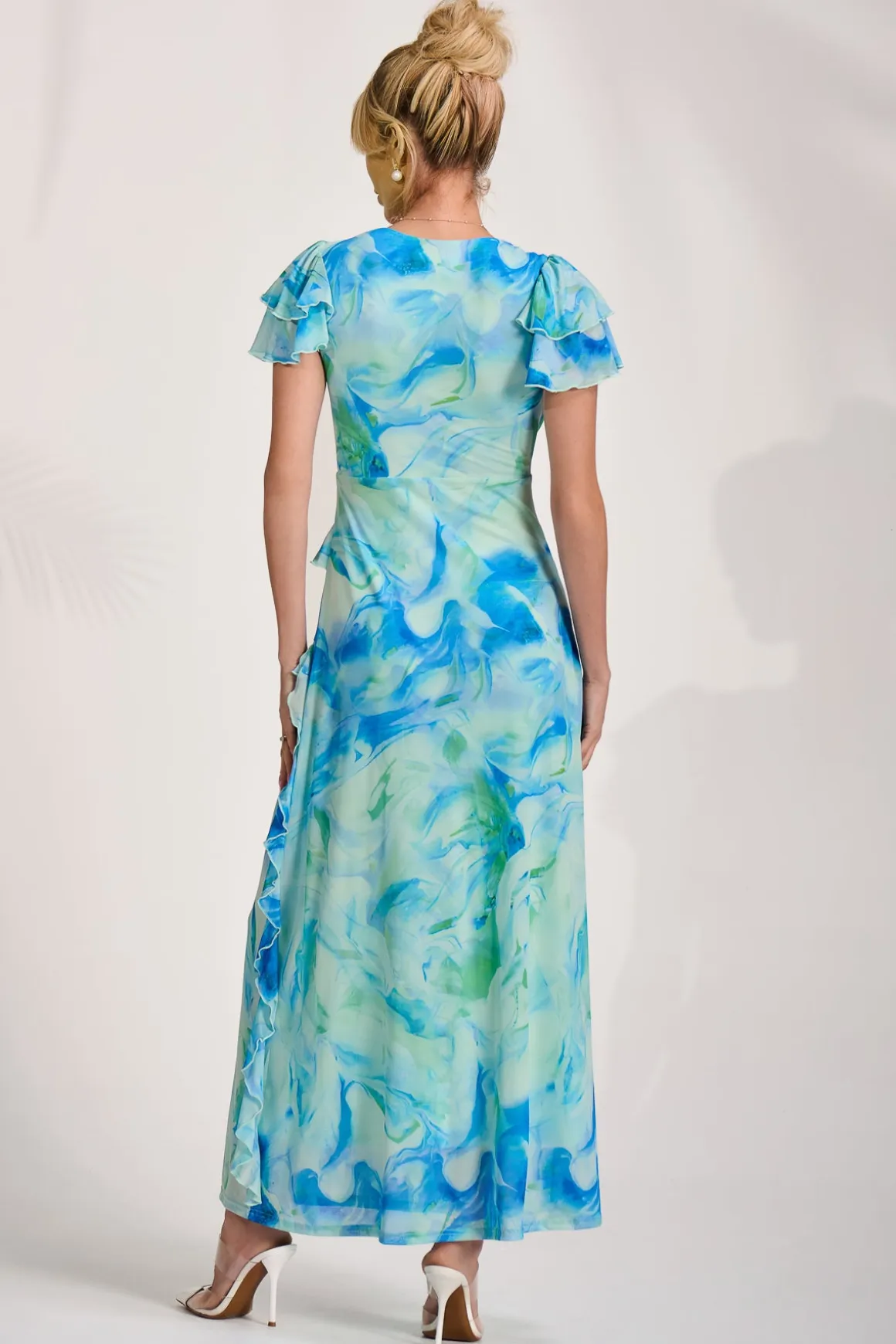 Cap Sleeve Ruffle Mesh Maxi Dress, Blue Abstract
