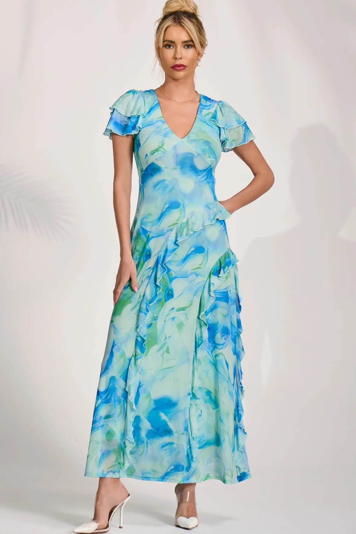 Cap Sleeve Ruffle Mesh Maxi Dress, Blue Abstract