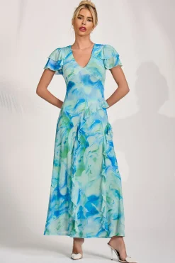 Cap Sleeve Ruffle Mesh Maxi Dress, Blue Abstract
