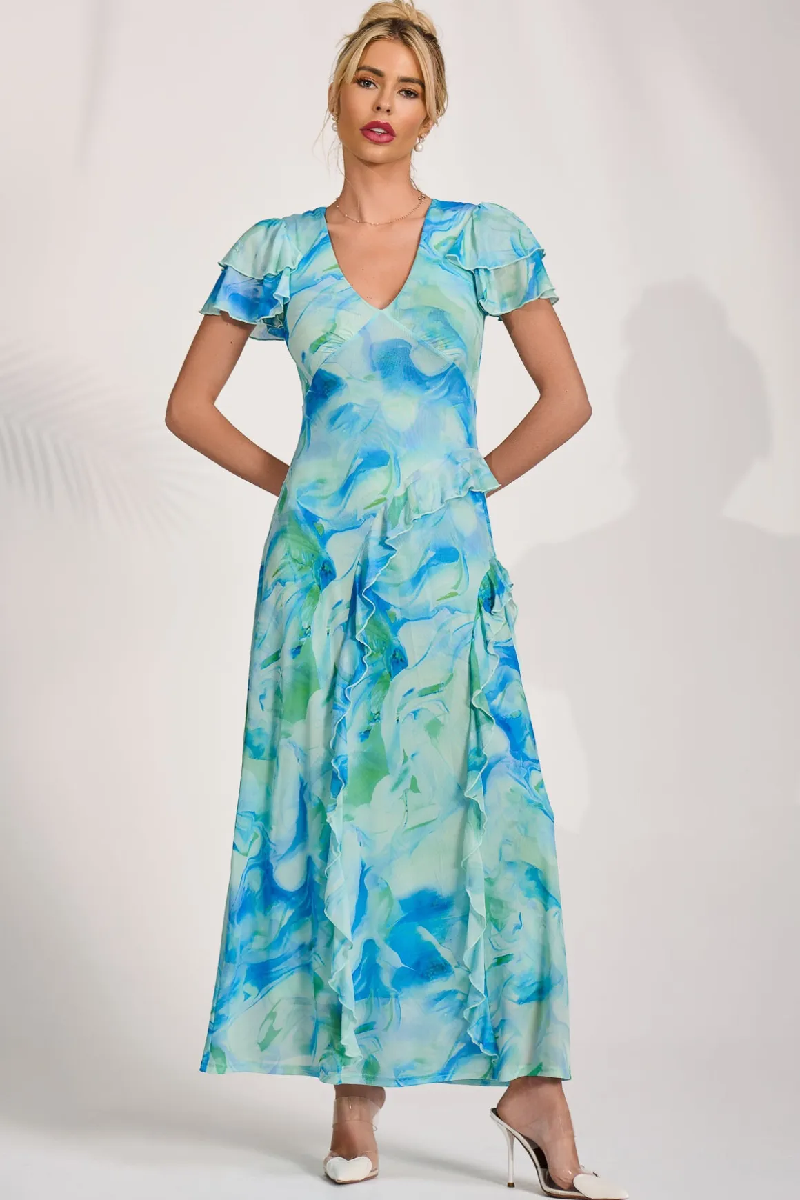 Cap Sleeve Ruffle Mesh Maxi Dress, Blue Abstract
