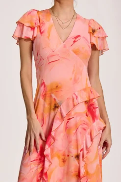 Cap Sleeve Ruffle Mesh Maxi Dress, Orange Abstract