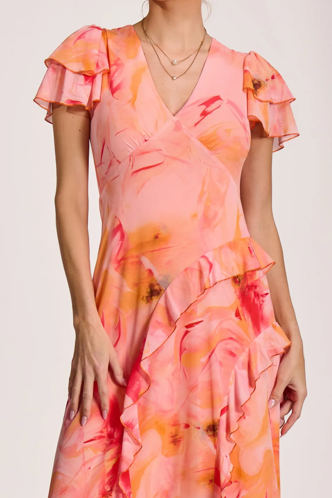 Cap Sleeve Ruffle Mesh Maxi Dress, Orange Abstract