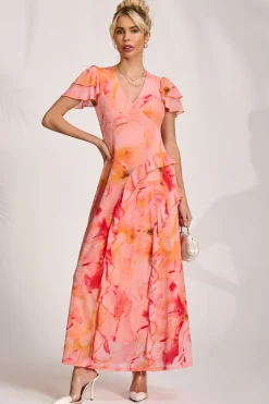 Cap Sleeve Ruffle Mesh Maxi Dress, Orange Abstract