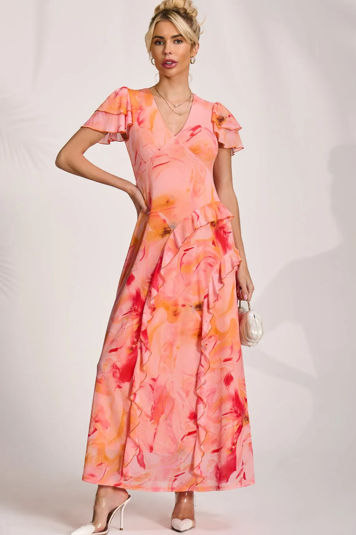 Cap Sleeve Ruffle Mesh Maxi Dress, Orange Abstract