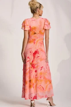Cap Sleeve Ruffle Mesh Maxi Dress, Orange Abstract