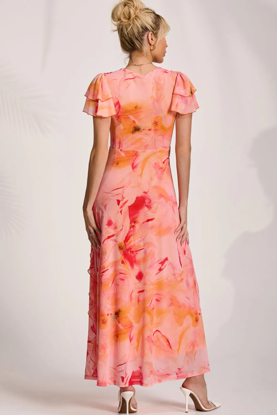Cap Sleeve Ruffle Mesh Maxi Dress, Orange Abstract