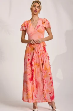 Cap Sleeve Ruffle Mesh Maxi Dress, Orange Abstract