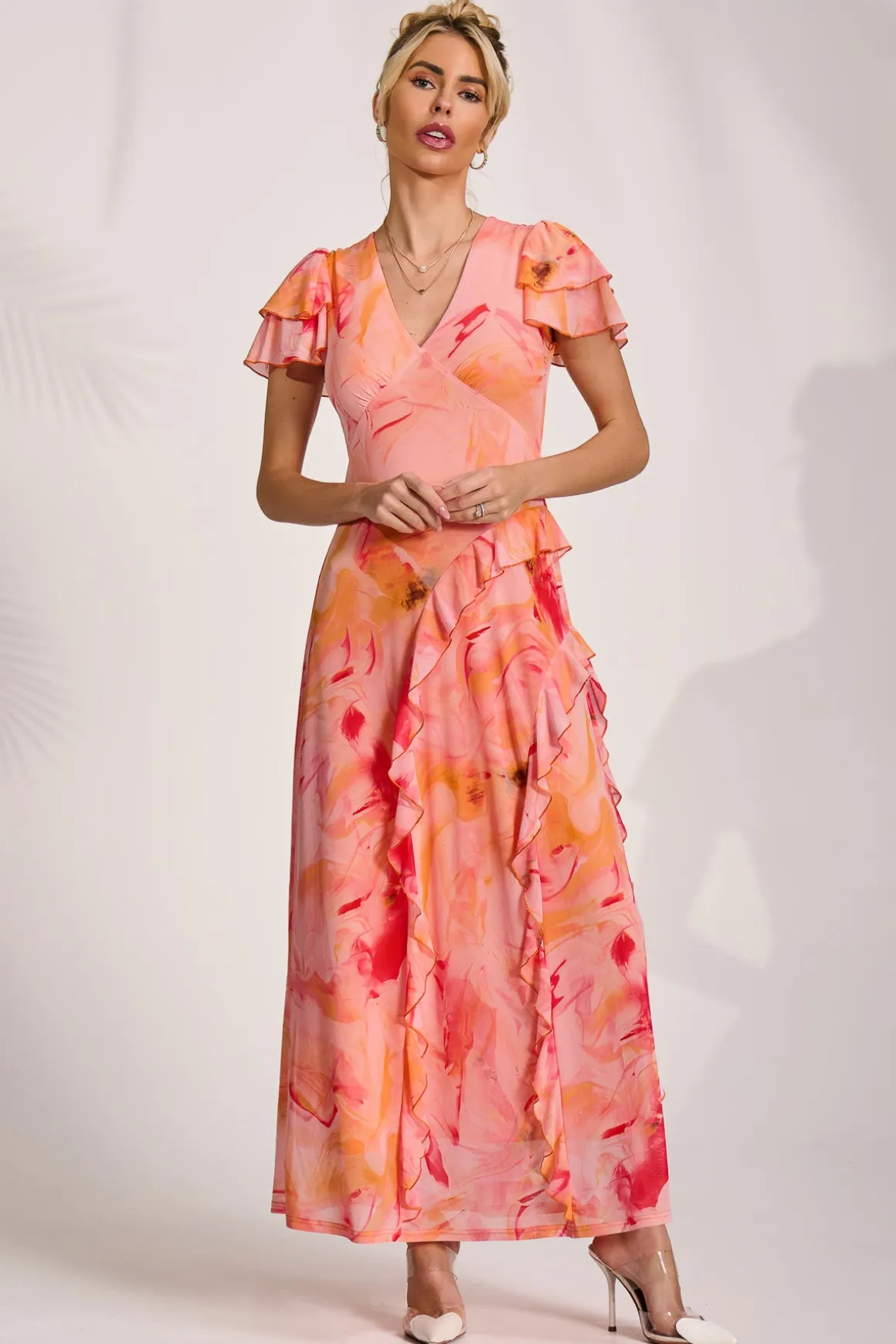 Cap Sleeve Ruffle Mesh Maxi Dress, Orange Abstract