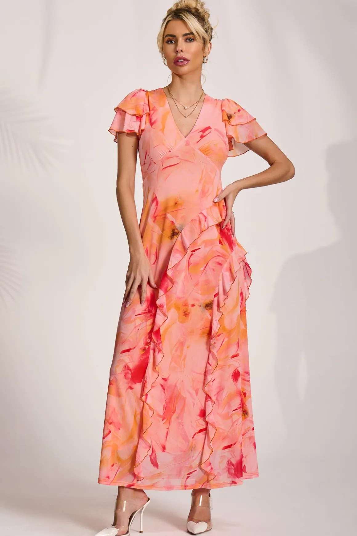 Cap Sleeve Ruffle Mesh Maxi Dress, Orange Abstract