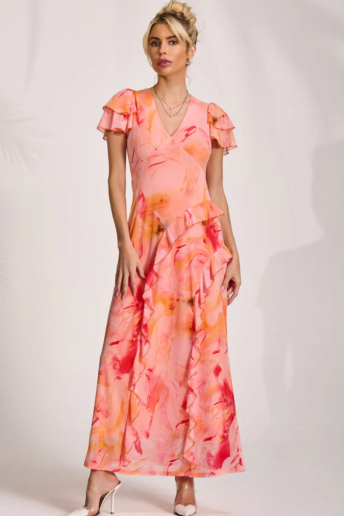 Cap Sleeve Ruffle Mesh Maxi Dress, Orange Abstract