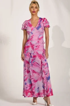 Cap Sleeve Ruffle Mesh Maxi Dress, Pink Abstract