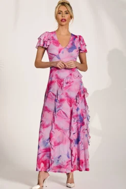 Cap Sleeve Ruffle Mesh Maxi Dress, Pink Abstract
