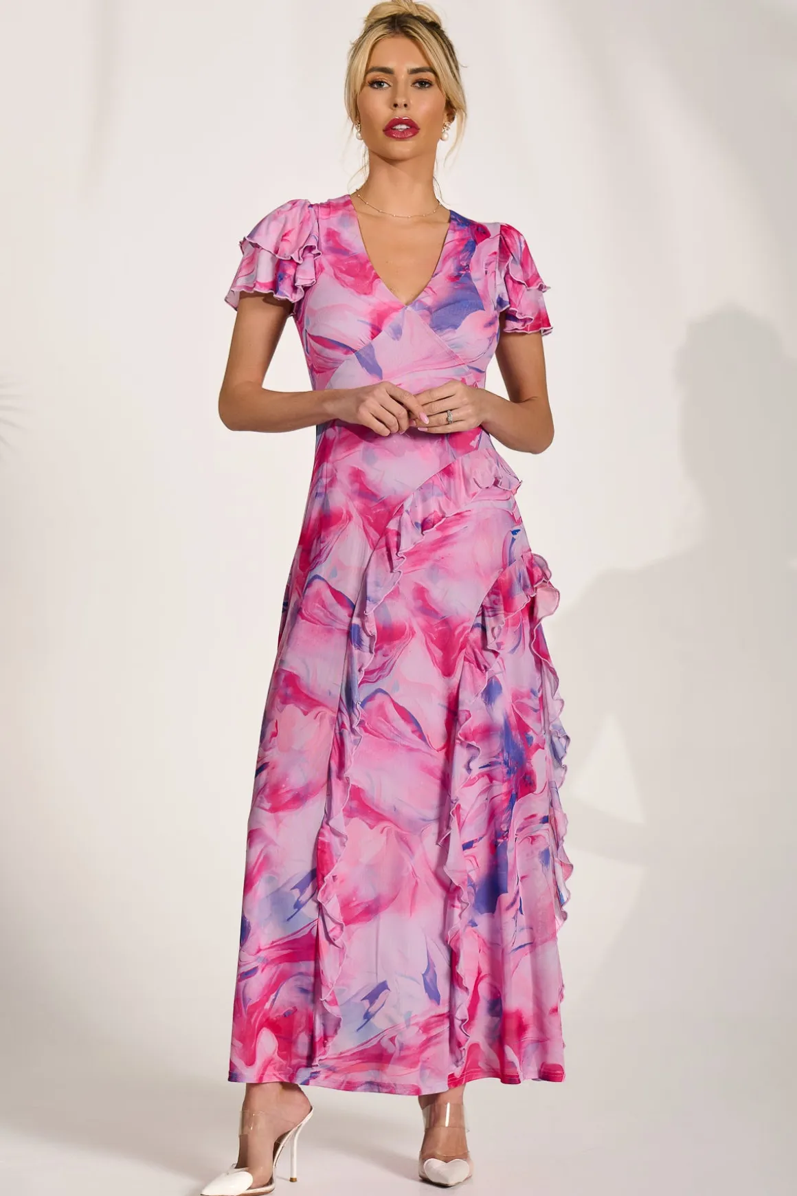 Cap Sleeve Ruffle Mesh Maxi Dress, Pink Abstract