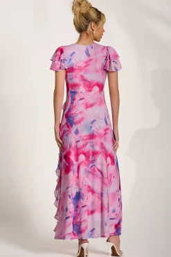Cap Sleeve Ruffle Mesh Maxi Dress, Pink Abstract