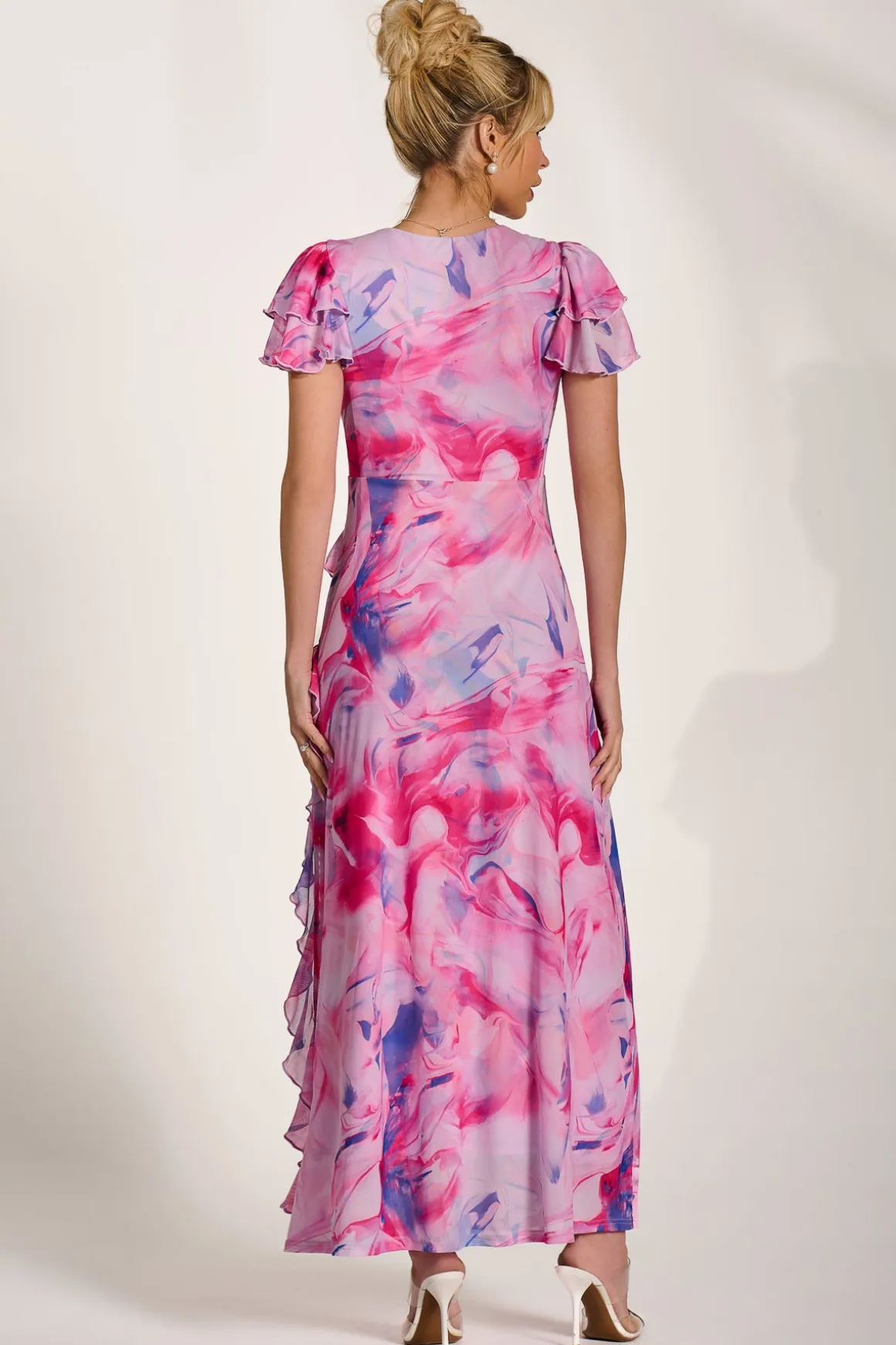 Cap Sleeve Ruffle Mesh Maxi Dress, Pink Abstract