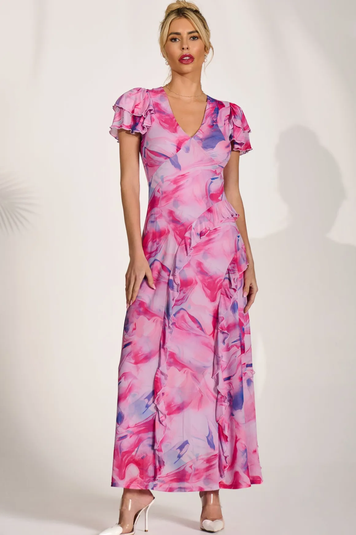 Cap Sleeve Ruffle Mesh Maxi Dress, Pink Abstract