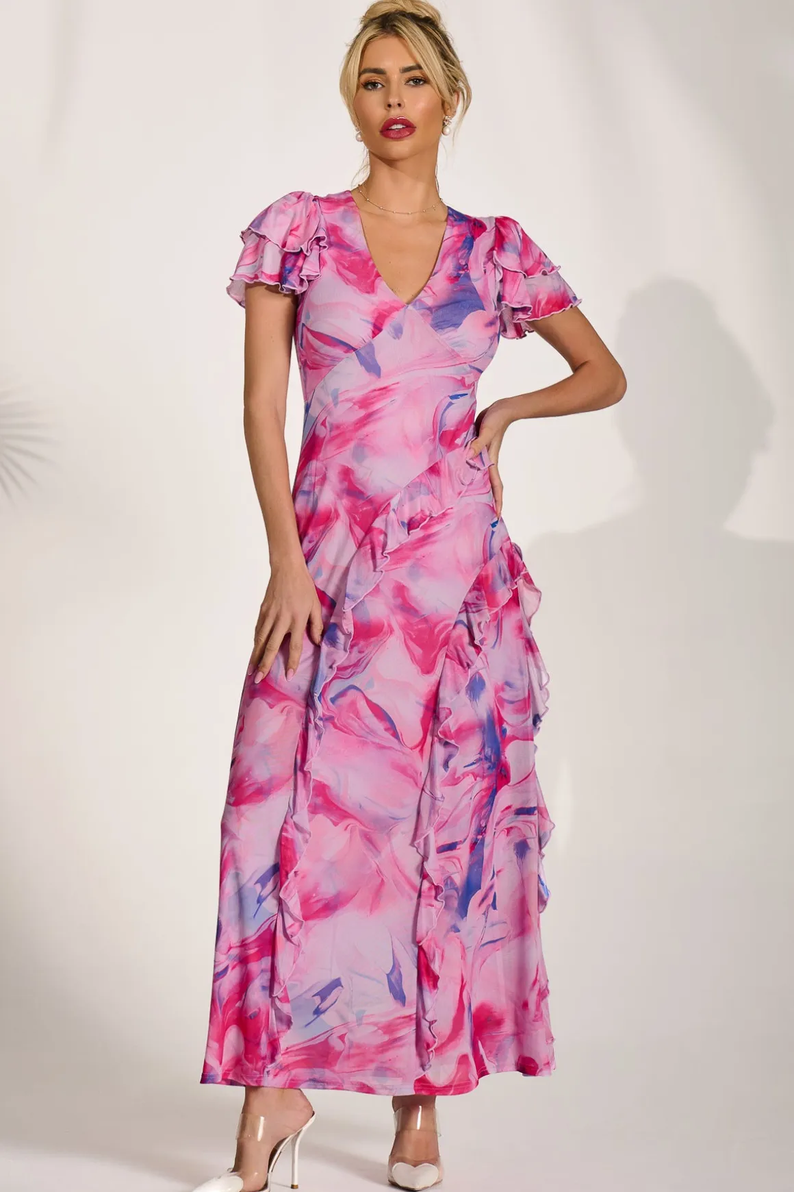 Cap Sleeve Ruffle Mesh Maxi Dress, Pink Abstract