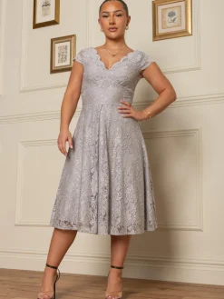 Cap Sleeve Scalloped Lace Dress, Grey