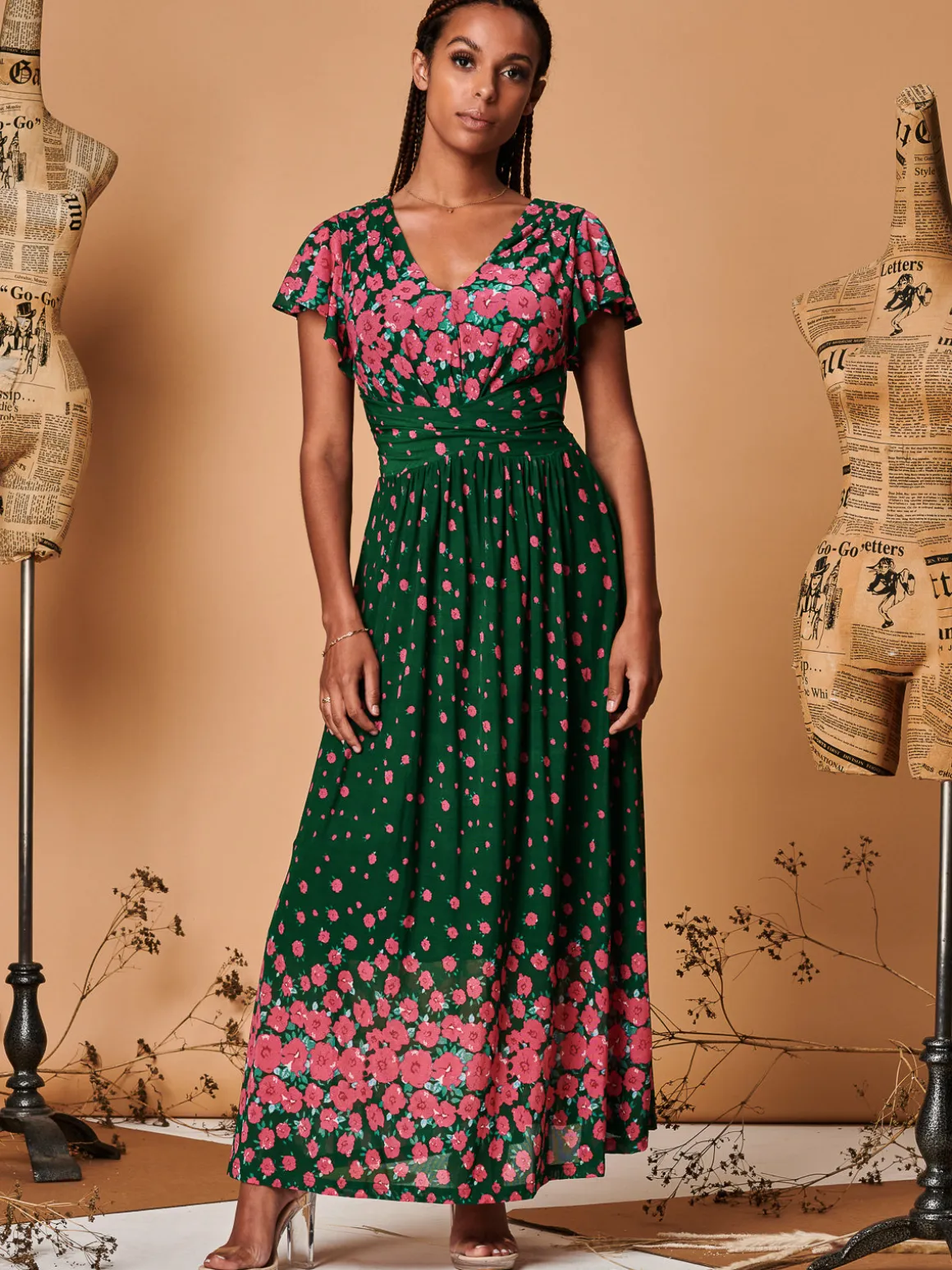 Carlii Symmetrical Print Mesh Maxi Dress, Green Floral
