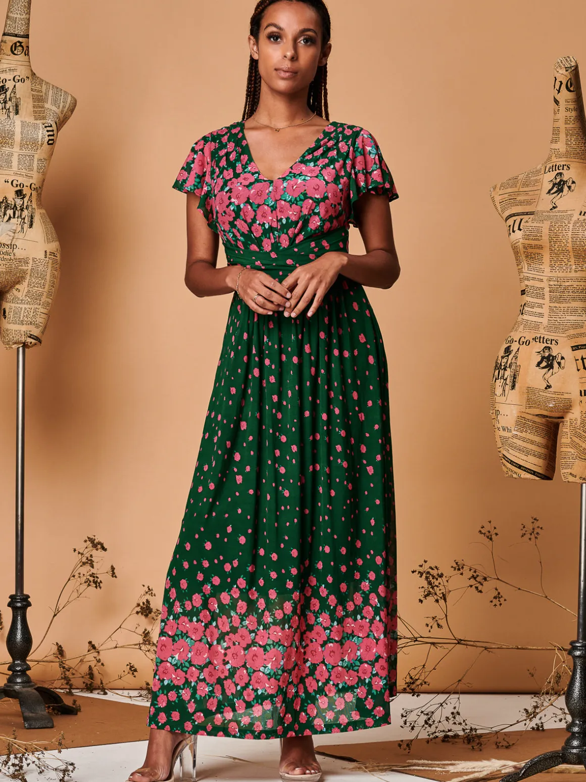 Carlii Symmetrical Print Mesh Maxi Dress, Green Floral