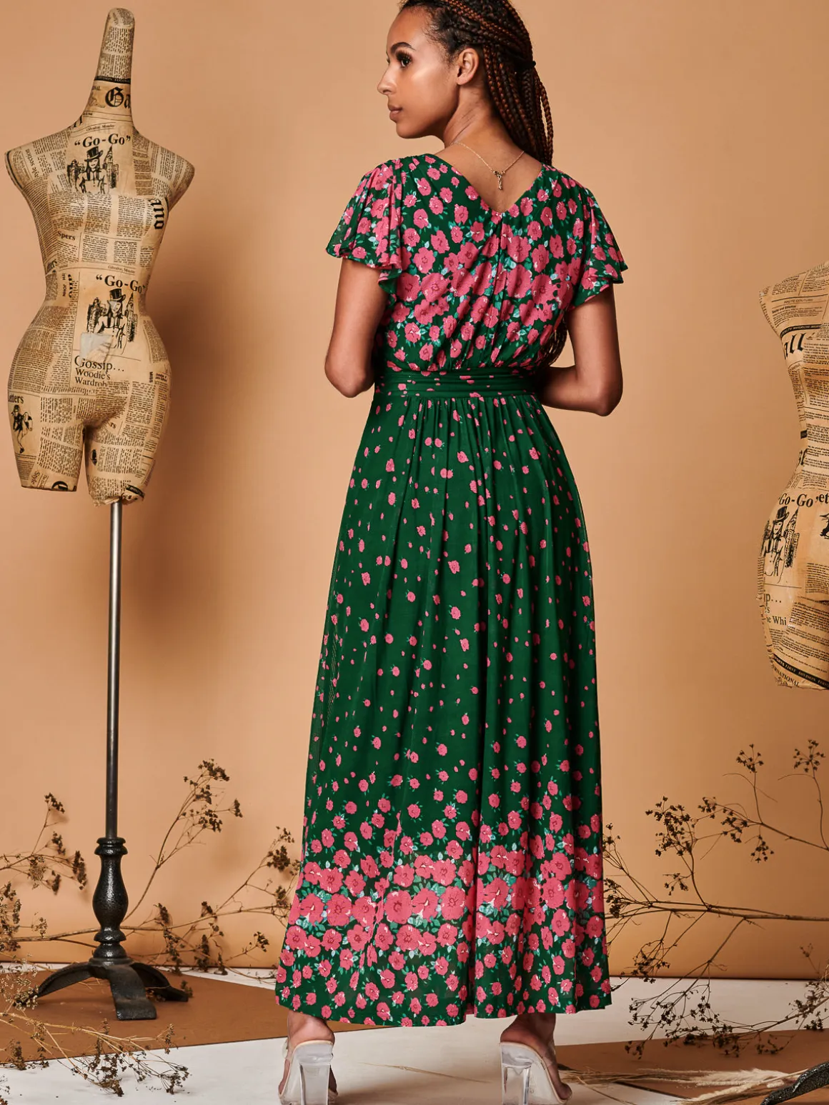 Carlii Symmetrical Print Mesh Maxi Dress, Green Floral