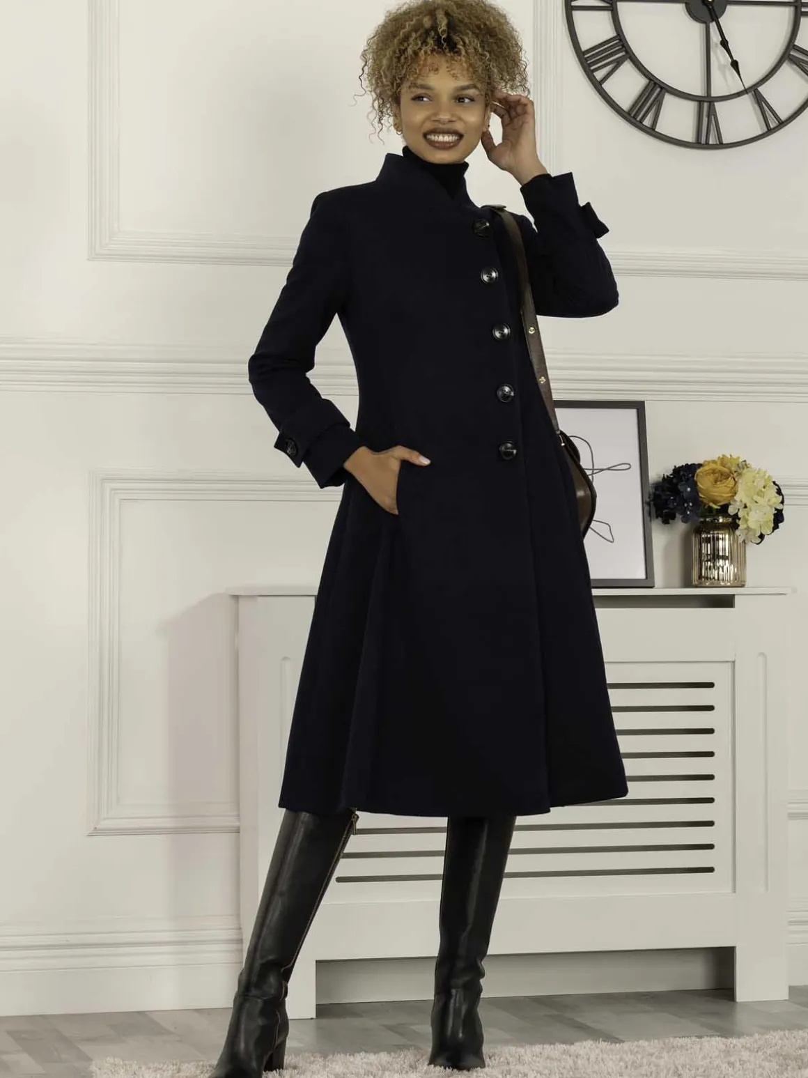 Caroline Asymmetric Button Coat, Navy