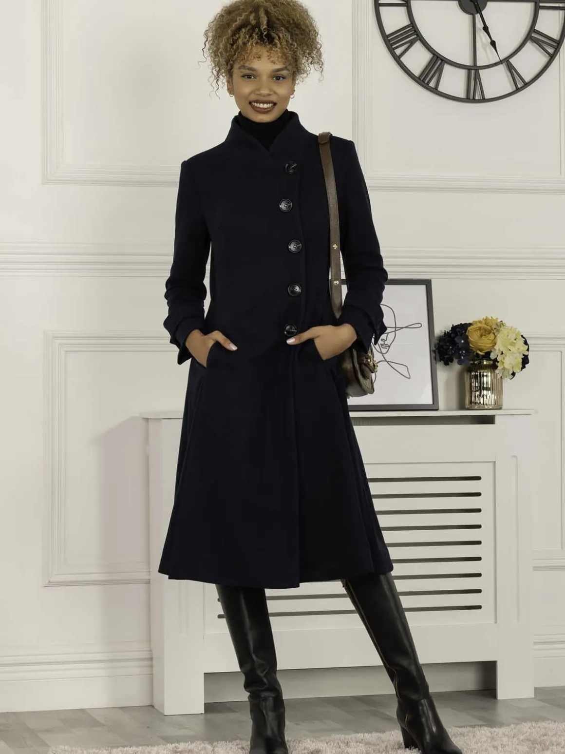 Caroline Asymmetric Button Coat, Navy