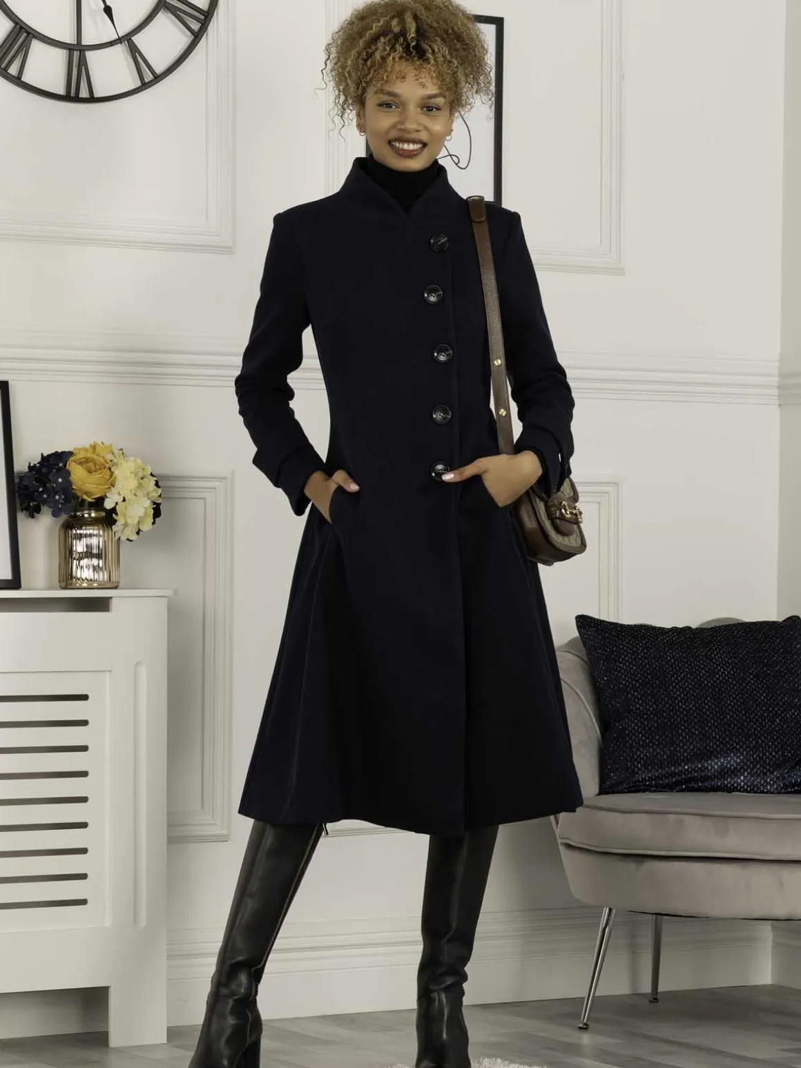 Caroline Asymmetric Button Coat, Navy