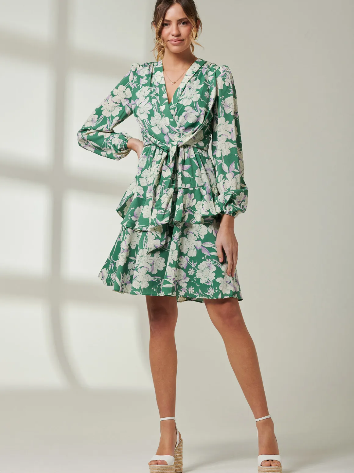 Casey Long Sleeve Tie Front Dress, Green Floral