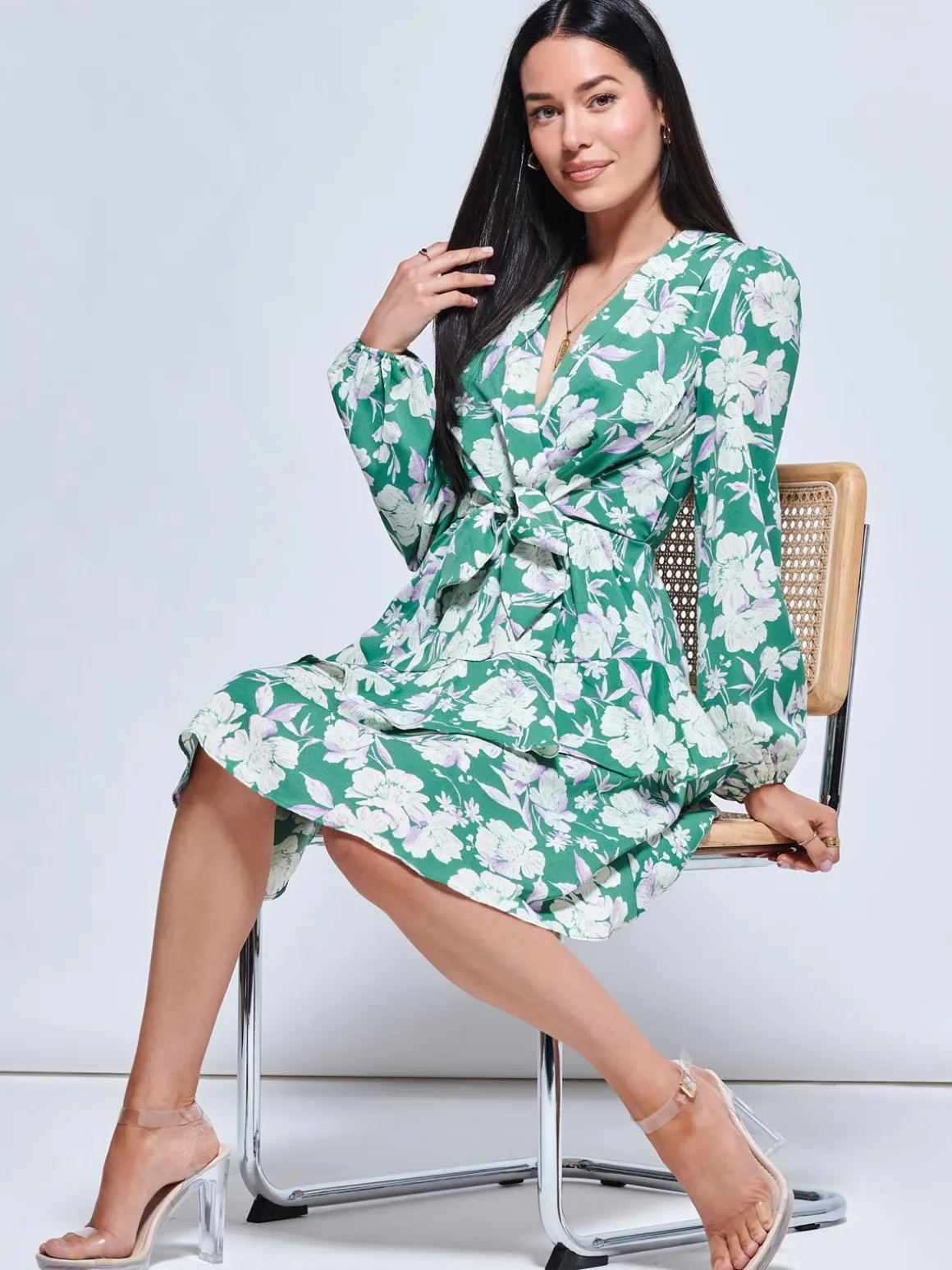 Casey Long Sleeve Tie Front Dress, Green Floral