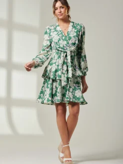 Casey Long Sleeve Tie Front Dress, Green Floral