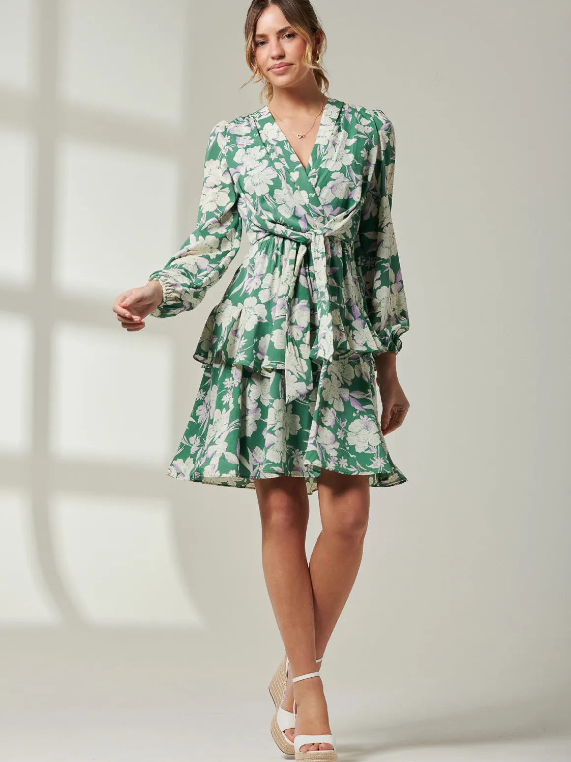 Casey Long Sleeve Tie Front Dress, Green Floral