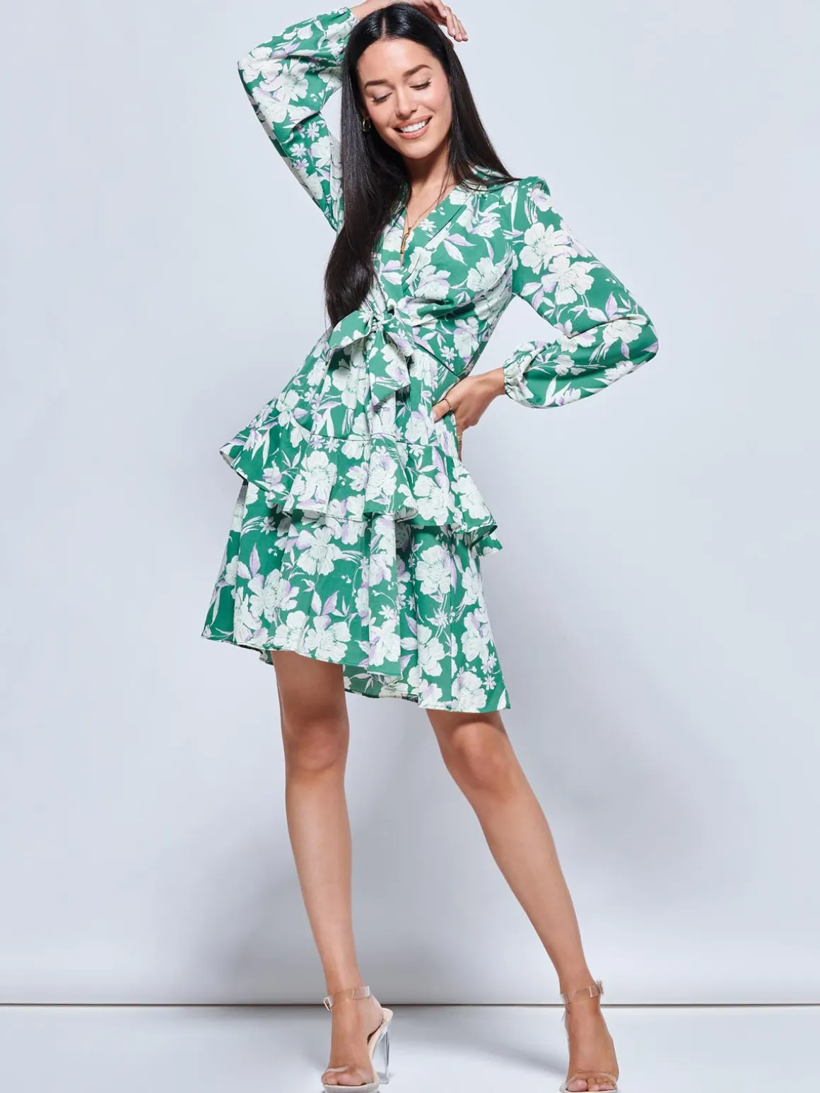 Casey Long Sleeve Tie Front Dress, Green Floral