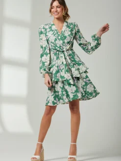 Casey Long Sleeve Tie Front Dress, Green Floral